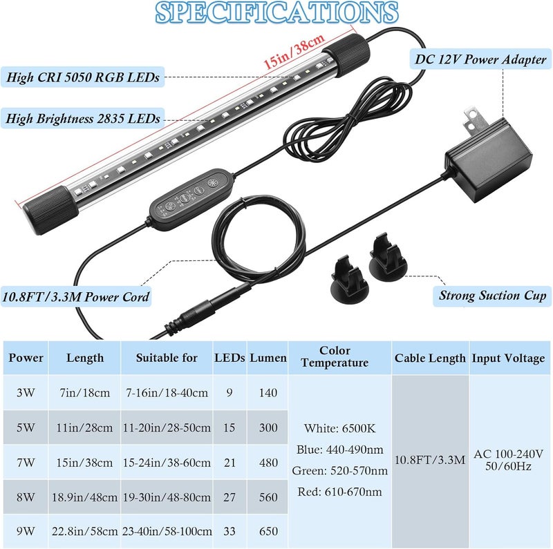FEDOUR 15in Submersible Aquarium LED Light, 24/7 Aquarium Lights with Full Spectrum RGBW LEDs, IP68 Waterproof Fish Tank Light with Dimming, Timming and Color Adjustable - Image 2